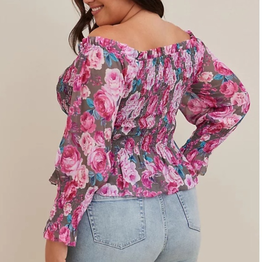 New Torrid Womens 3X Floral Chiffon Off Shoulder Peplum Top Blouse Long Sleeve - Picture 3 of 6